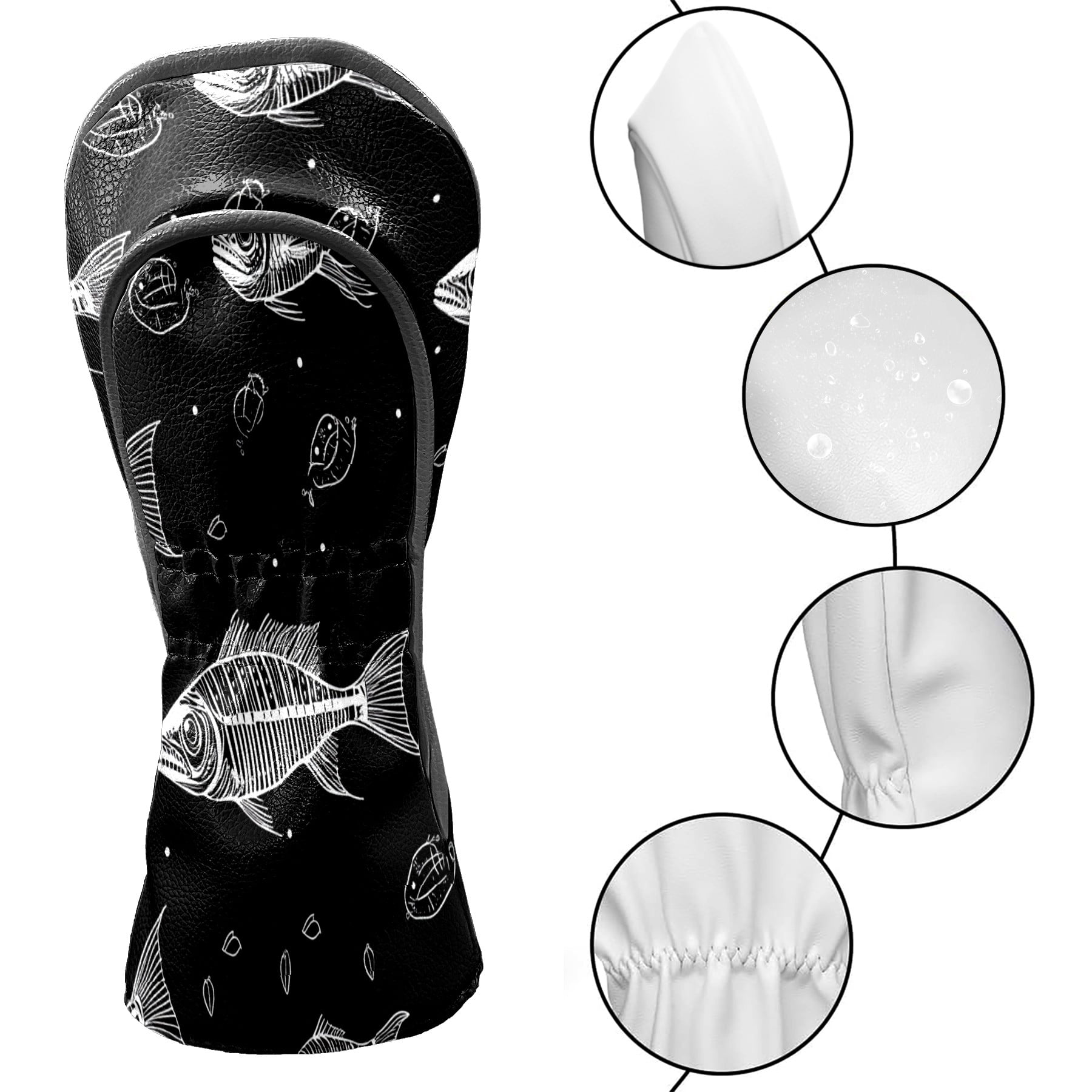 Golf Club Covers PU Leather Waterproof Head Covers for Fairway Woods Hybrids Cartoon Fish Bones