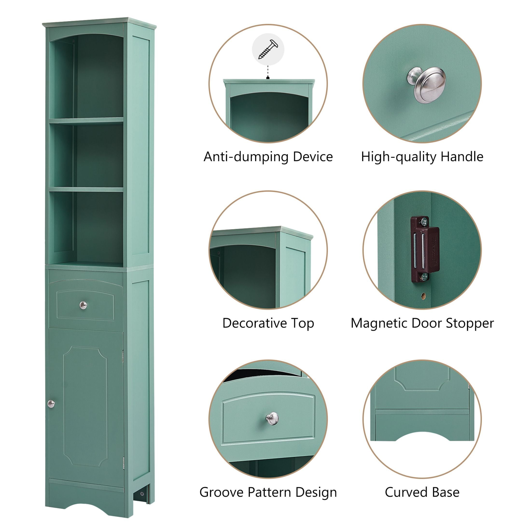 AENKYO Bathroom Cabinet with Adjustable Shelves, High Storage Cabinet with Open Spaces and Drawer, Green