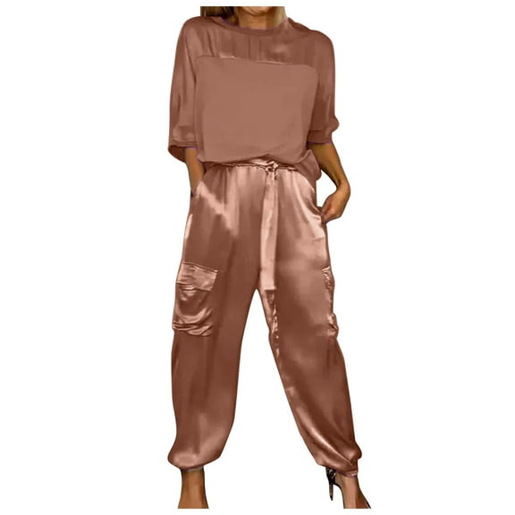 Womens Pant Suit Women Smooth Satin Half Sleeve Top And Pants Set Women plus Size Snow Bibs Casual Pantsuit for on Piece Jumpsuit Christmas Outfits for Dressy Summer Business Casual Clothes Brown XXL