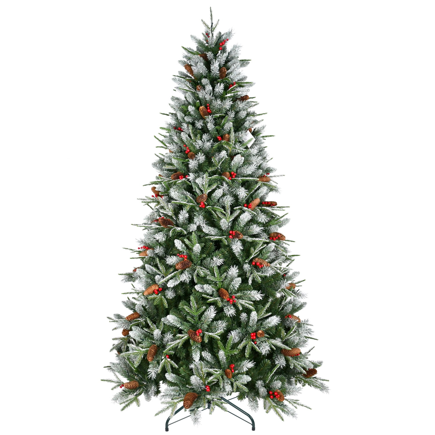 8 Ft Christmas Tree with 2850 Tips, Red Berries & Pine Cones, Snow-Dusted PE+PVC Branches, Hinged Design for Easy Setup, Sturdy Metal Stand, Full, Natural Holiday Tree Decoration
