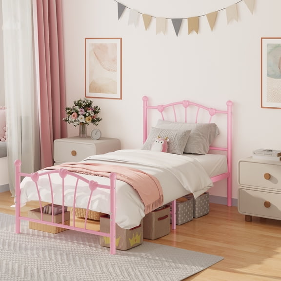 Metal Bed Frame, Bed Frames for Girls, Heavy-Duty Platform Bed with Heart-Shaped Design Headboard & Footboard, No Box Spring Needed, Easy Assembly