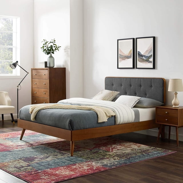 Bowery Hill Queen Wood Platform Bed with Splayed Legs in Walnut/Charcoal