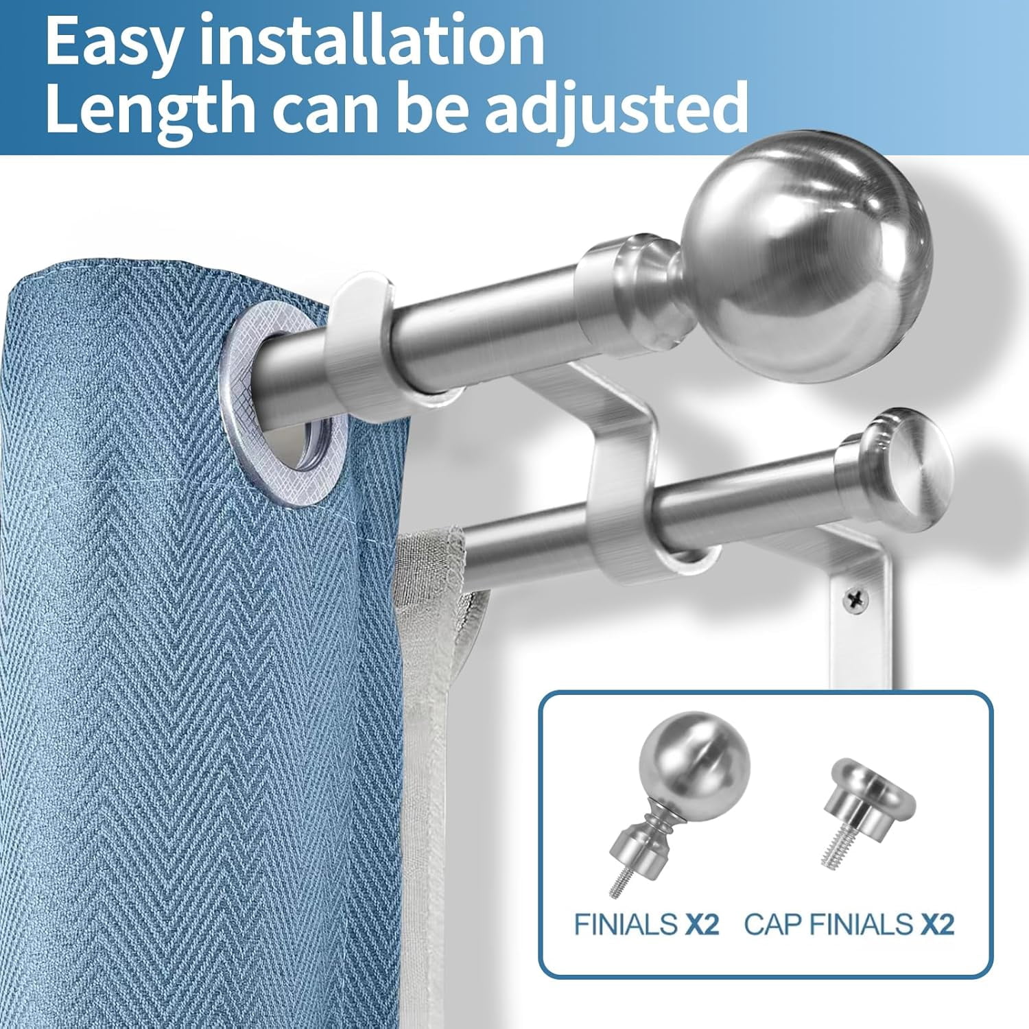 Urbanest Adjustable Double Curtain Rod Set Steel Ball Flat Button Finials – 1″ Front & 5/8 Back Rod With Brushed Steel Rod, 84–120 Inches
