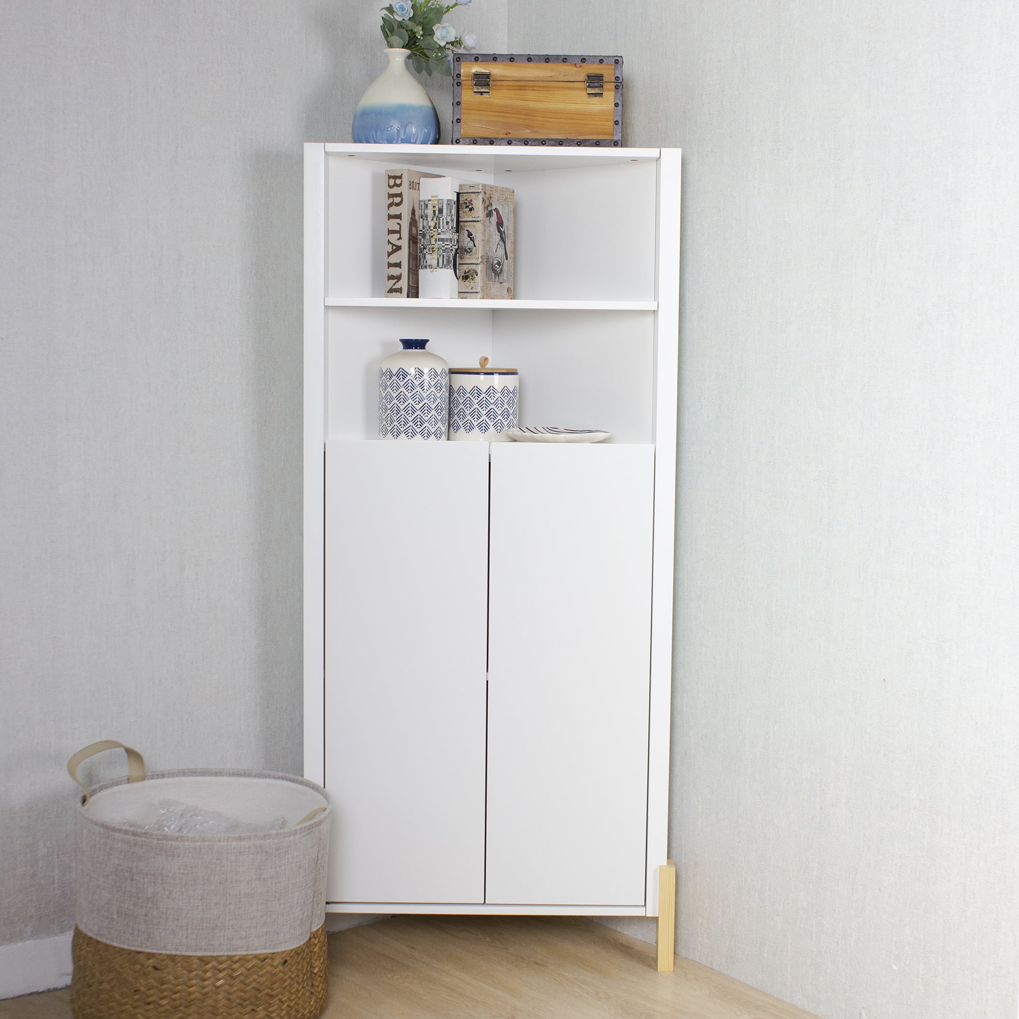 Wooden Corner Cabinet with Two Doors and 4-Tier Shelves, Corner Storage Cabinet Bookshelf