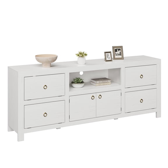 Farmhouse TV Stand for TVs up to 75/80" , 70" W Entertainment Center with 6 Storage Drawers & Soundbar Shelf, White Television Consoles Stands for Living Room, Bedroom