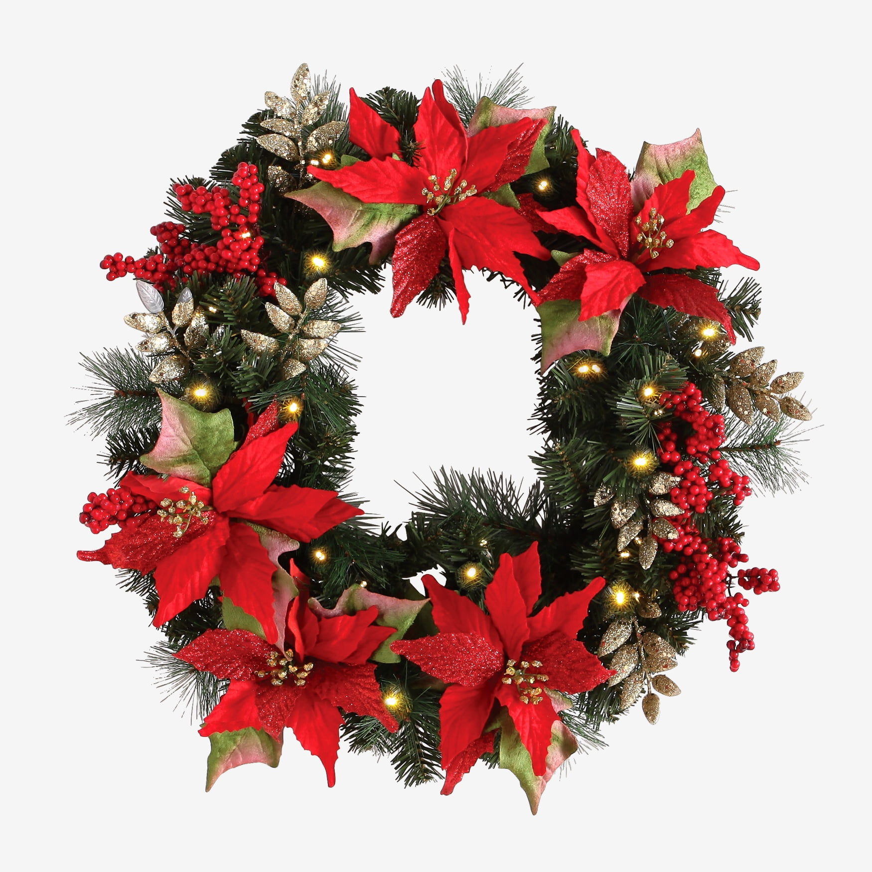 BrylaneHome PreLit Poinsettia Wreath Christmas Flower Lights