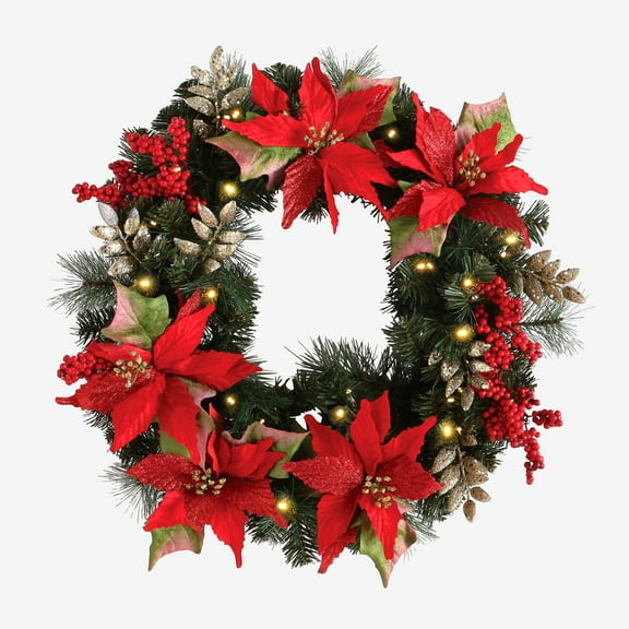 BrylaneHome Pre-Lit Poinsettia Wreath