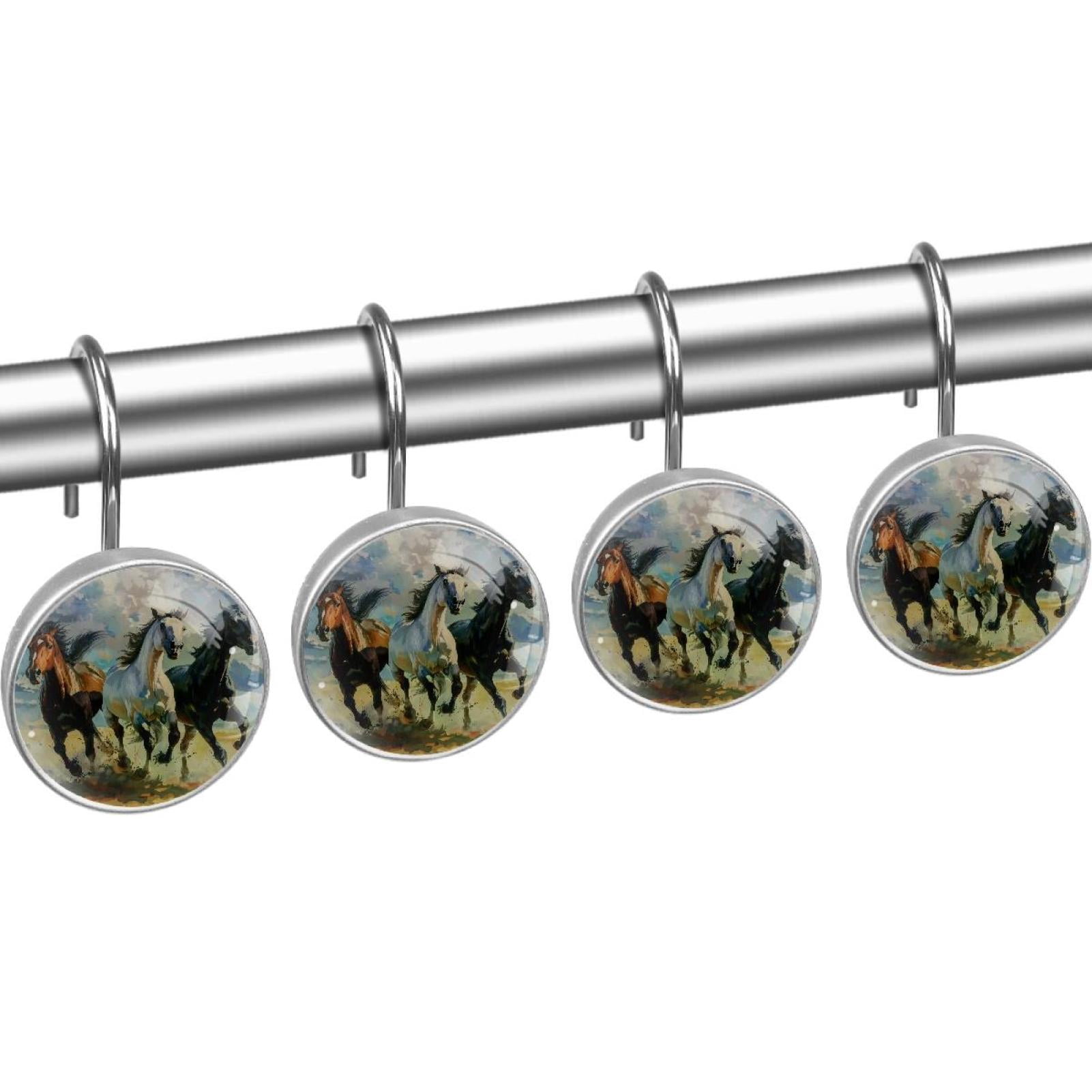 Three Running Horses Shower Curtain Hooks Round Crystal Glass, Set of 12 Shower Curtain Rings - Shower Hooks for Curtain Shower Rings