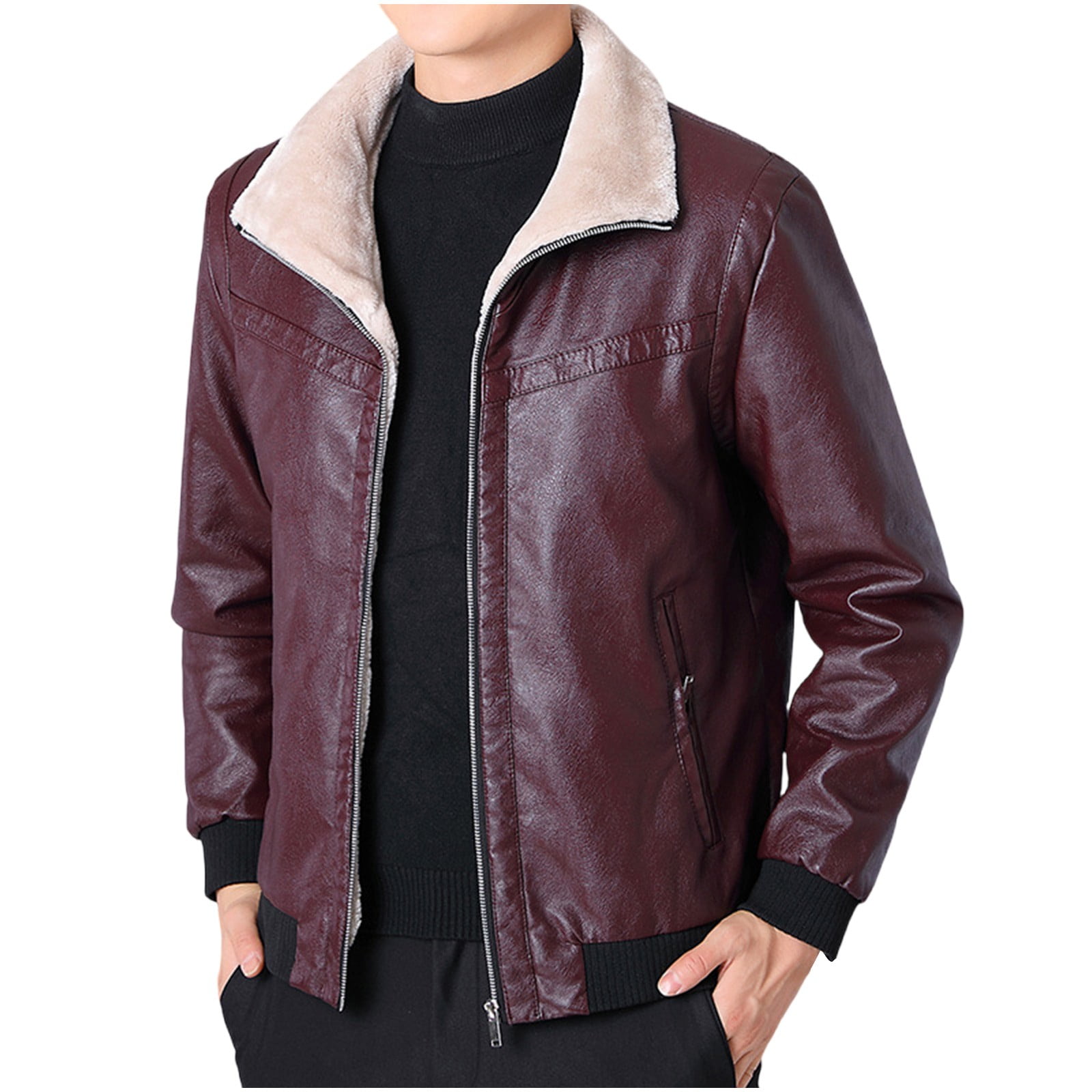 Brown Leather Jacket Men Fashion Fleece Turn-Down Collar Jacket Moto Biker Coat Retro Bomber Faux Leather Outerwear