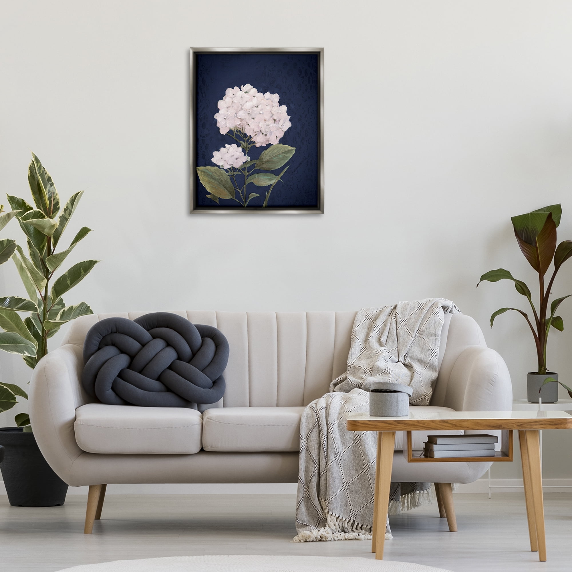 Stupell Industries White Hydrangea Blossom Botanical & Floral Painting Gray Floater Framed Canvas Art Print Wall Art, 25 x 31