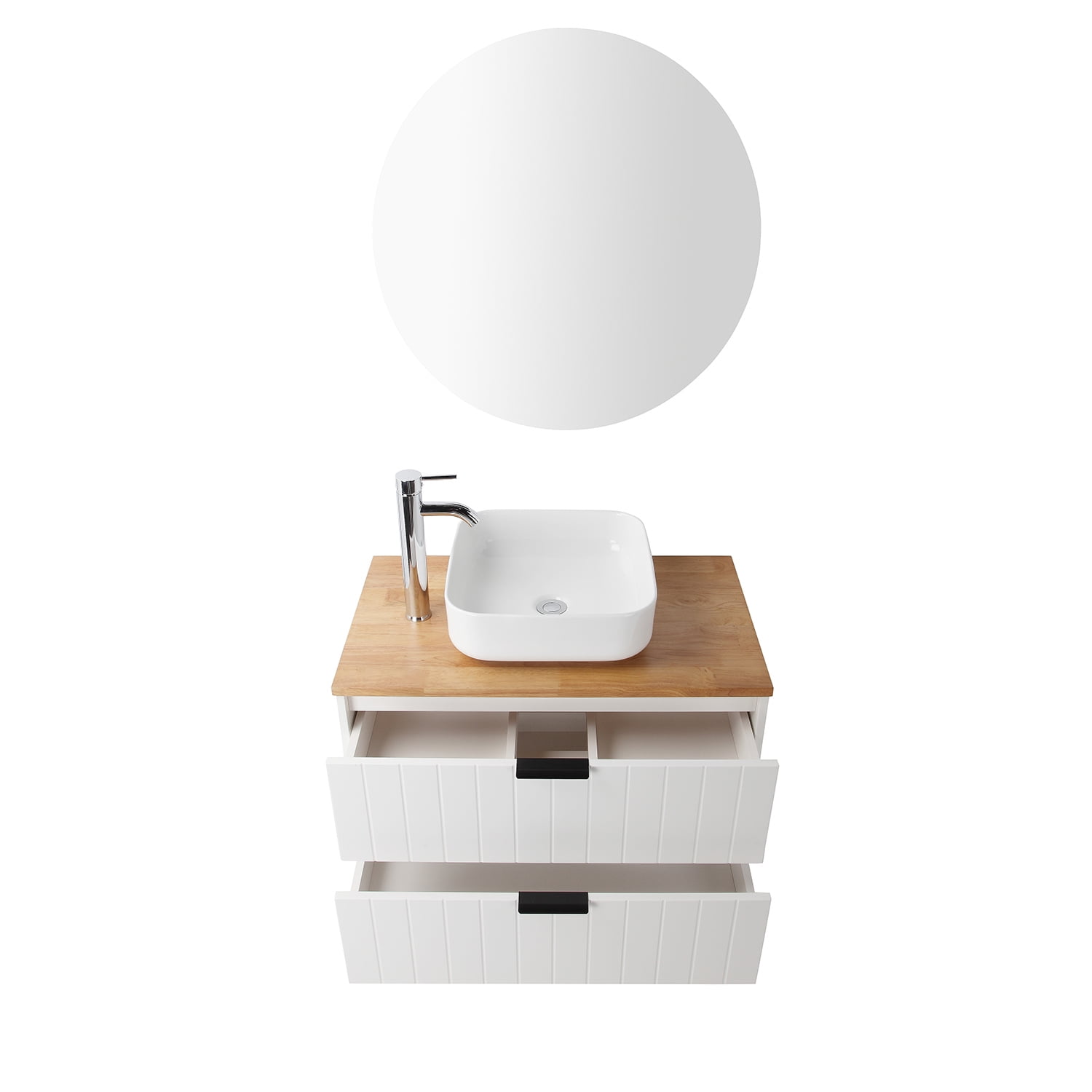 Demi Bonn 31" Double Drawer Wall-Mounted Bathroom Vanity with Solid Wood Natural Top, Square Art Ceramic Sink and Round Mirror, Faucets and Drains Not Included, White