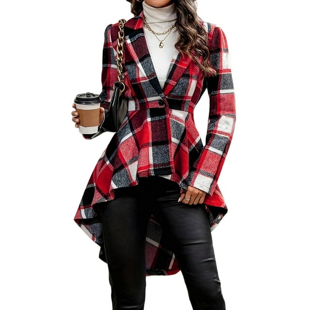 Veste Chemise Babydoll à Carreaux pour Femmes avec Ourlet à Volants, Boutons, Col à Revers, Manches Longues, Cardigan, Rouge TTG