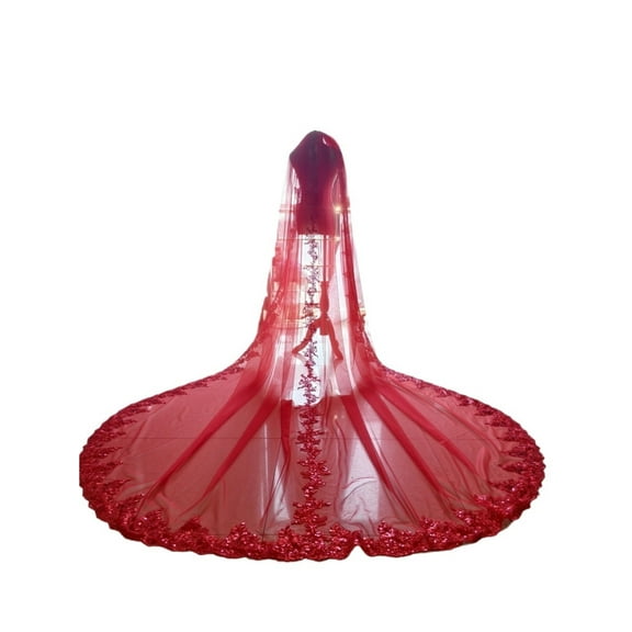 Red Cathedral Wedding Veil with Elegant Edge and Metal Comb for Brides