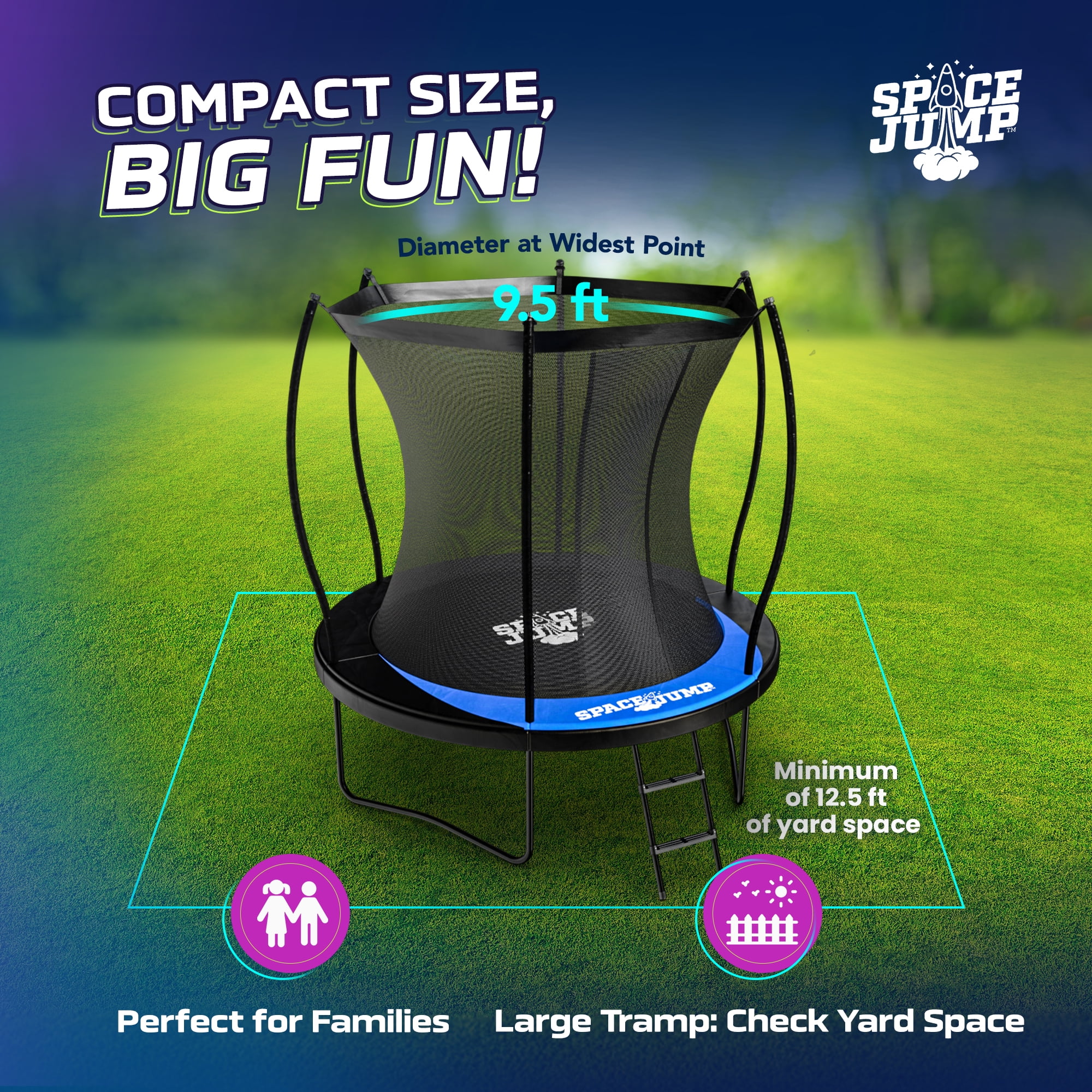 SpaceJump Lunar 8 Foot Trampoline, Outdoor Round Bouncer with Safety Net, Black