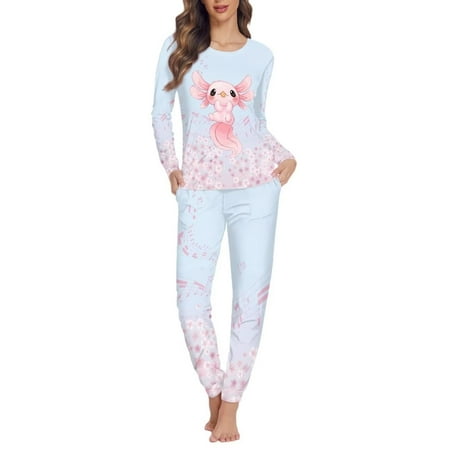 

Renewold Cozy Axolotl Sakura Pajamas for Ladies Loose Fitting Blue Outfits 2 Packs Women s Skin Friendly Pjs Sleepwear for Sport/Vacation/Sport Size S