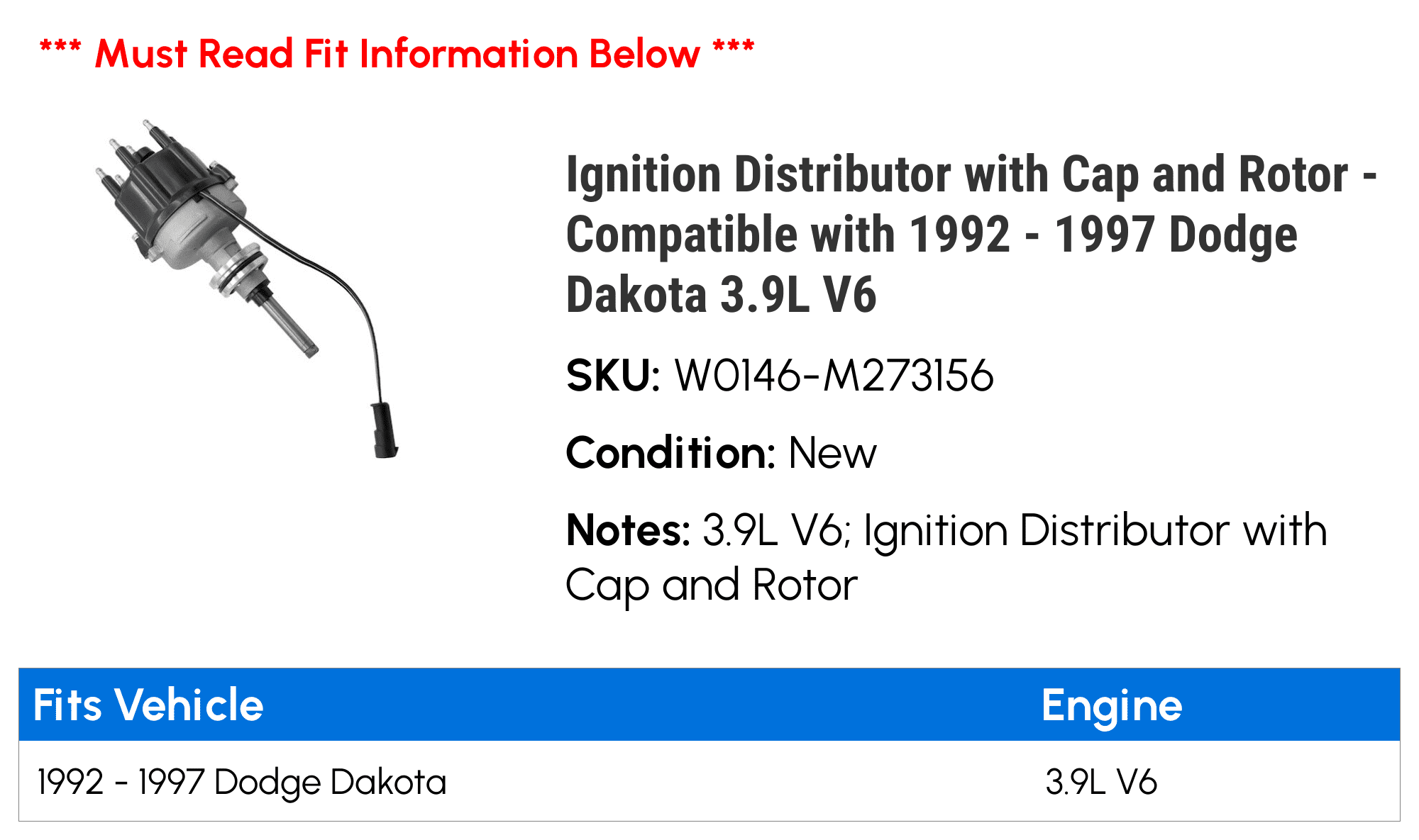 Ignition Distributor with Cap and Rotor - Compatible with 1992 - 1997 Dodge Dakota 3.9L V6 1993 1994 1995 1996