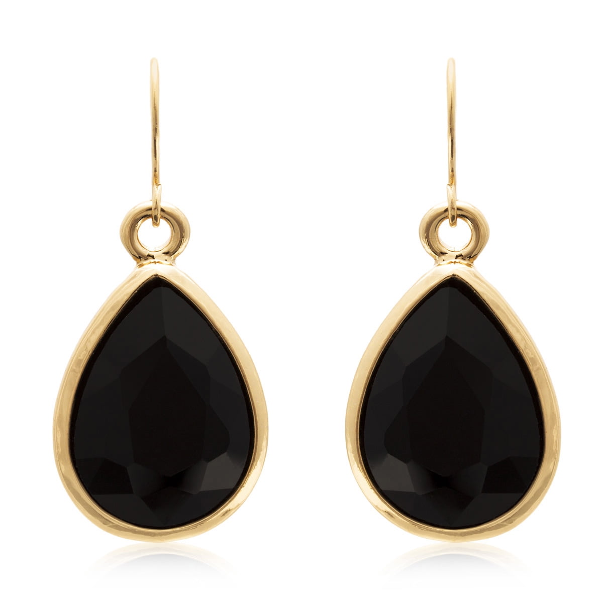 14K Yellow Gold Fancy Cut Pear Shaped Black Onyx Dangling Earrings
