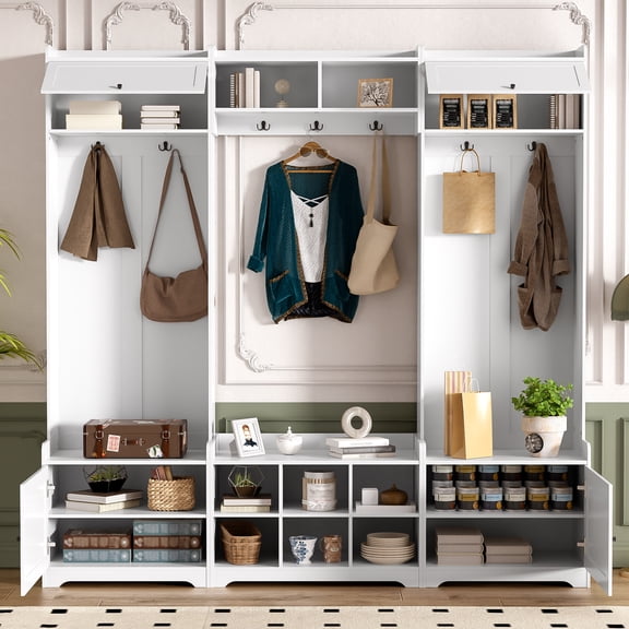79.1'' Modern Hall Tree with 8 Cubbies and 7 Coat Hooks