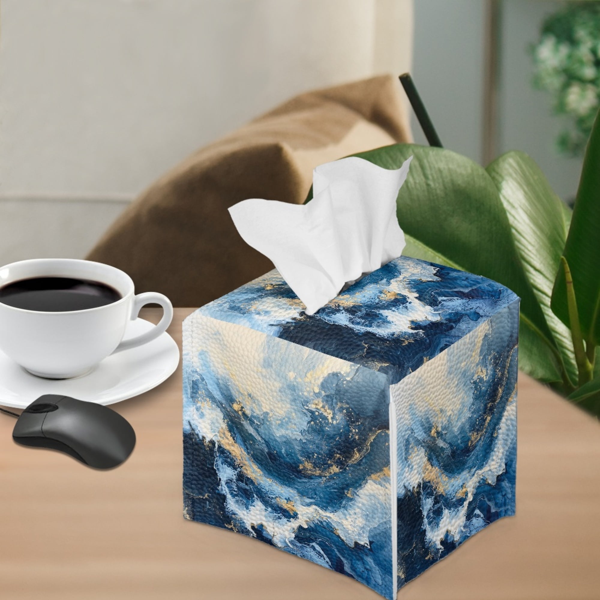 ZIATUBLE Blue Marble Stripes Leather Tissue Box Covers Square