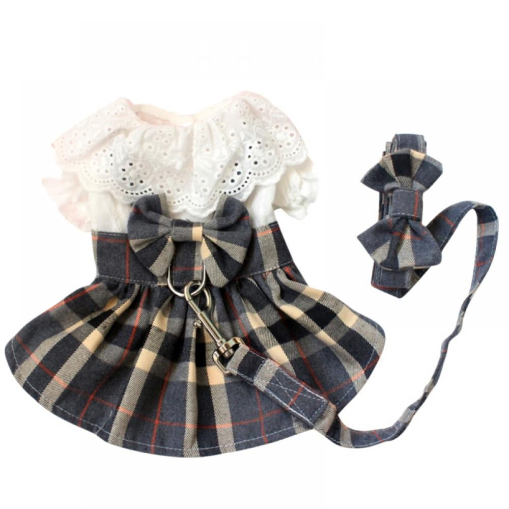 Dog Dress Harnesses with Leash Set Plaid Puppy Girl Skirt Doggy Dresses