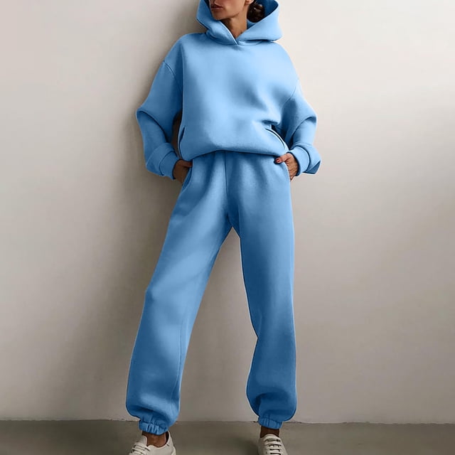 PVCS Women Casual Solid Color Two Piece Long Pants Hooded Pullover Long Sleeve Sweatshirts Sets