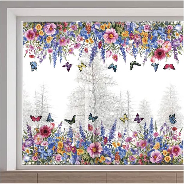 Calcomanías para ventanas de 15 x 46 con diseño de mariposas y flores grandes, reutilizables, con diseño de flores de primavera, girasol, enredadera, para evitar que los pájaros y las mascotas