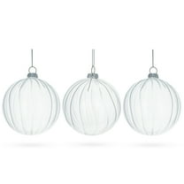 Elegant Set of 3 Striped Clear Glass Ball Christmas Ornaments 3.5 Inches