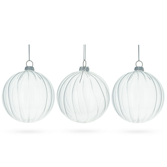Elegant Set of 3 Striped Clear Glass Ball Christmas Ornaments 3.5 Inches