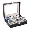 CYBER MONDAY DEALS 10 Slots pu leather Watch Box, Watch Case Glass Lid, Watch Holder Removable Watch Pillows, Watch Display Velvet Lining, Metal Clasp, Black, UJOW06BK