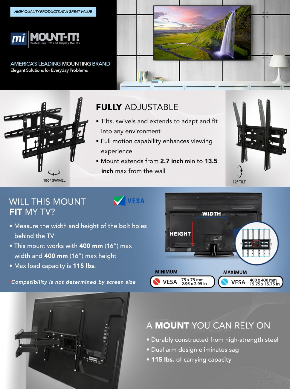 Mount-It! Full Motion TV Wall Mount, Fits 32"-50" TVs, Dual Arm 13.5" Extension, Bonus HDMI Cable, Capacity 115 lbs.