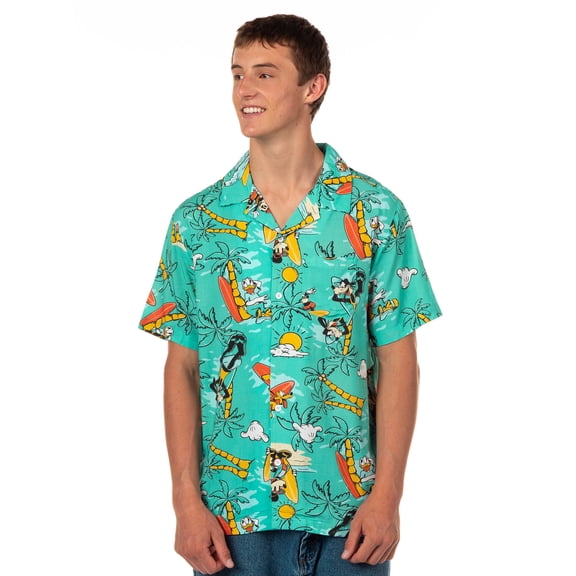 Disney Mickey and Friends Teal Tropical Hawaiian Shirt Men's Button Up Woven Top
