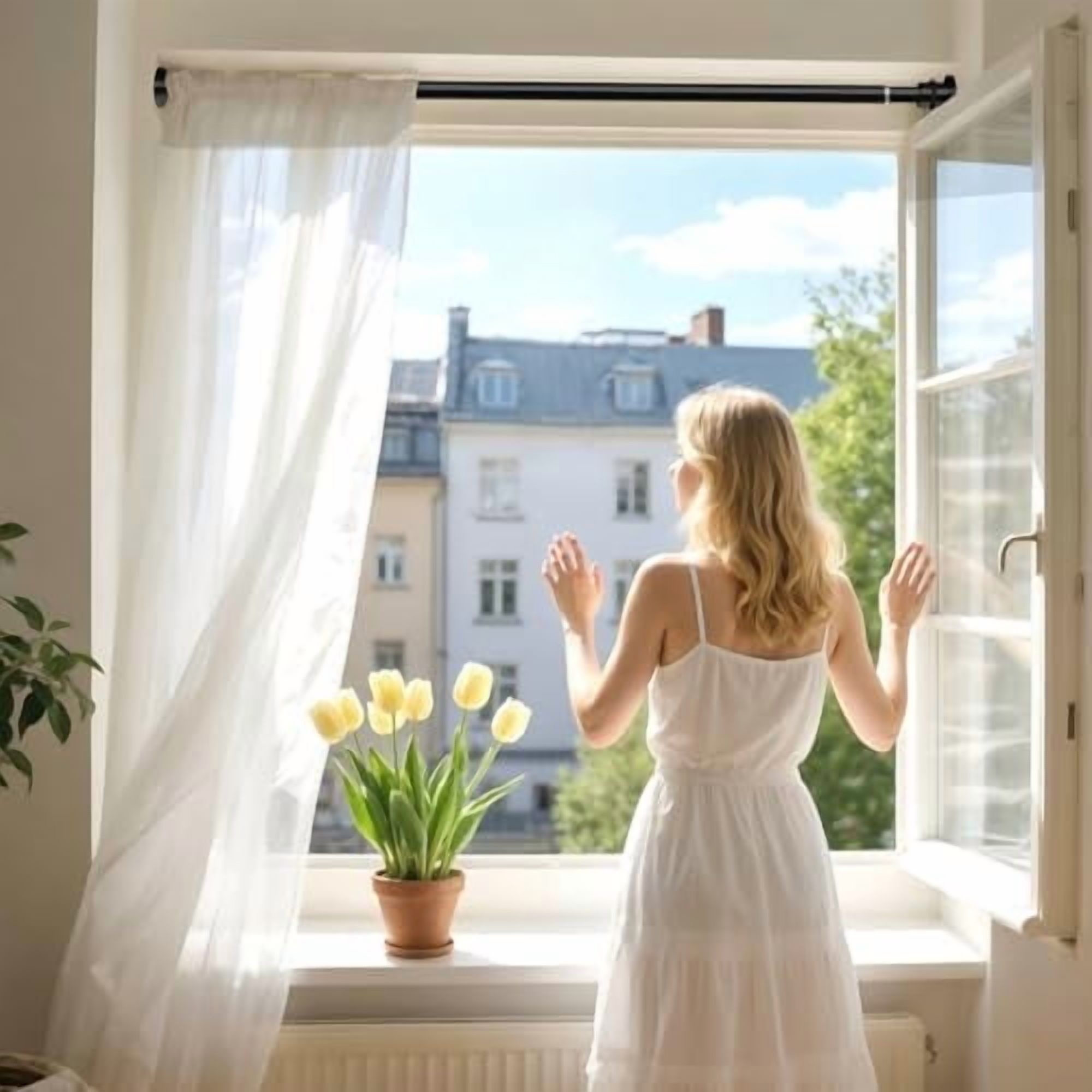 Black Tension Curtain Rod 28-48 Inch, Adjustable No Drilling Spring Rod for Windows, Bathroom, Bedroom, Doorway & Closet