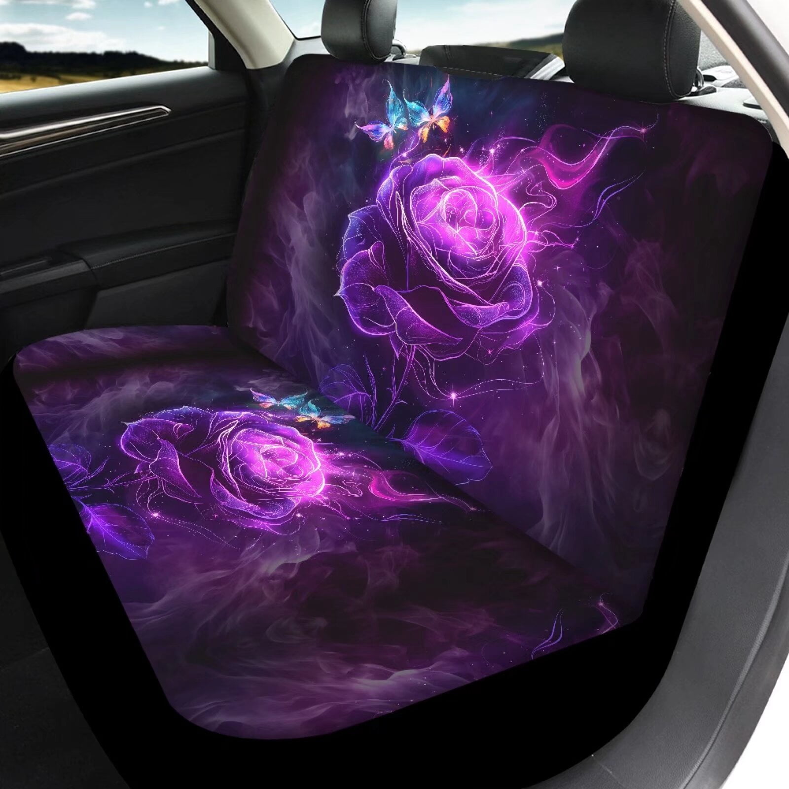 Pzuqiu Purple Rose Butterfly Full Set Universal Seat Covers for Cars Breathable Car Seat Cushion Easy to Install Front and Rear Split Bench Seat Covers Universal Fit Cars Sedans Trucks, Purple