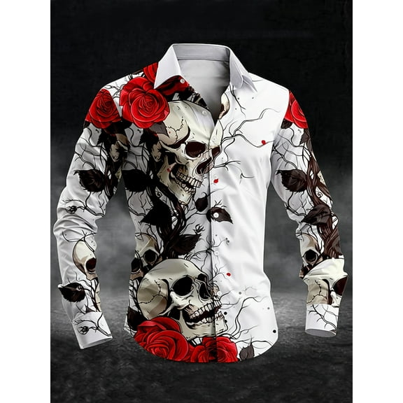 Mens Polo Shirts Retro Skull Graphic Long Sleeve Button V Neck T-Shirts Pullover Tops