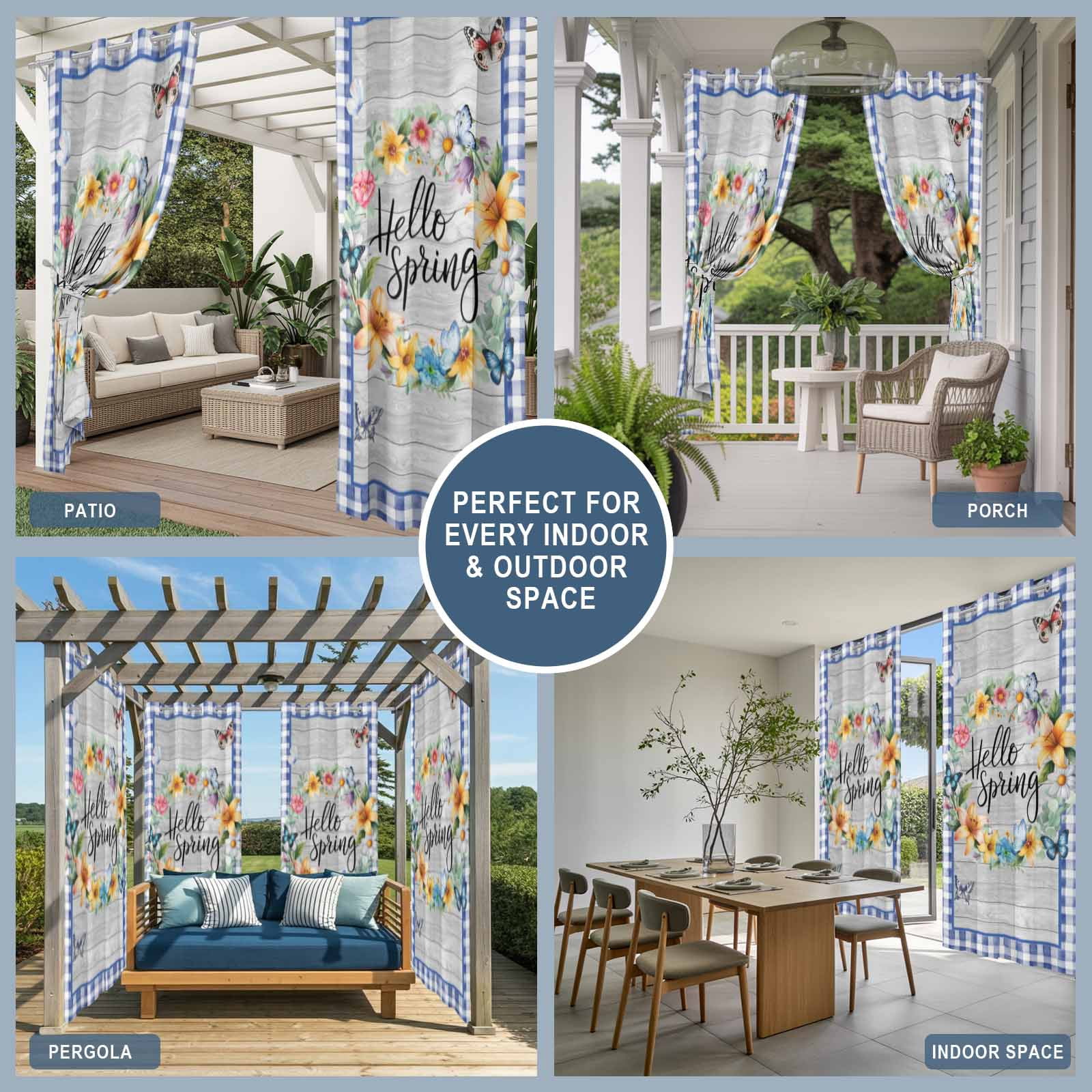 Outdoor Curtains for Patio Waterproof, Hello Spring Windproof Pravicy Outside Porch Blackout Curtain, Farmhouse Floral Eucalyptus Wood Blue Plaid Sun Blocking Grommets Curtains for Cabana 54"x108"