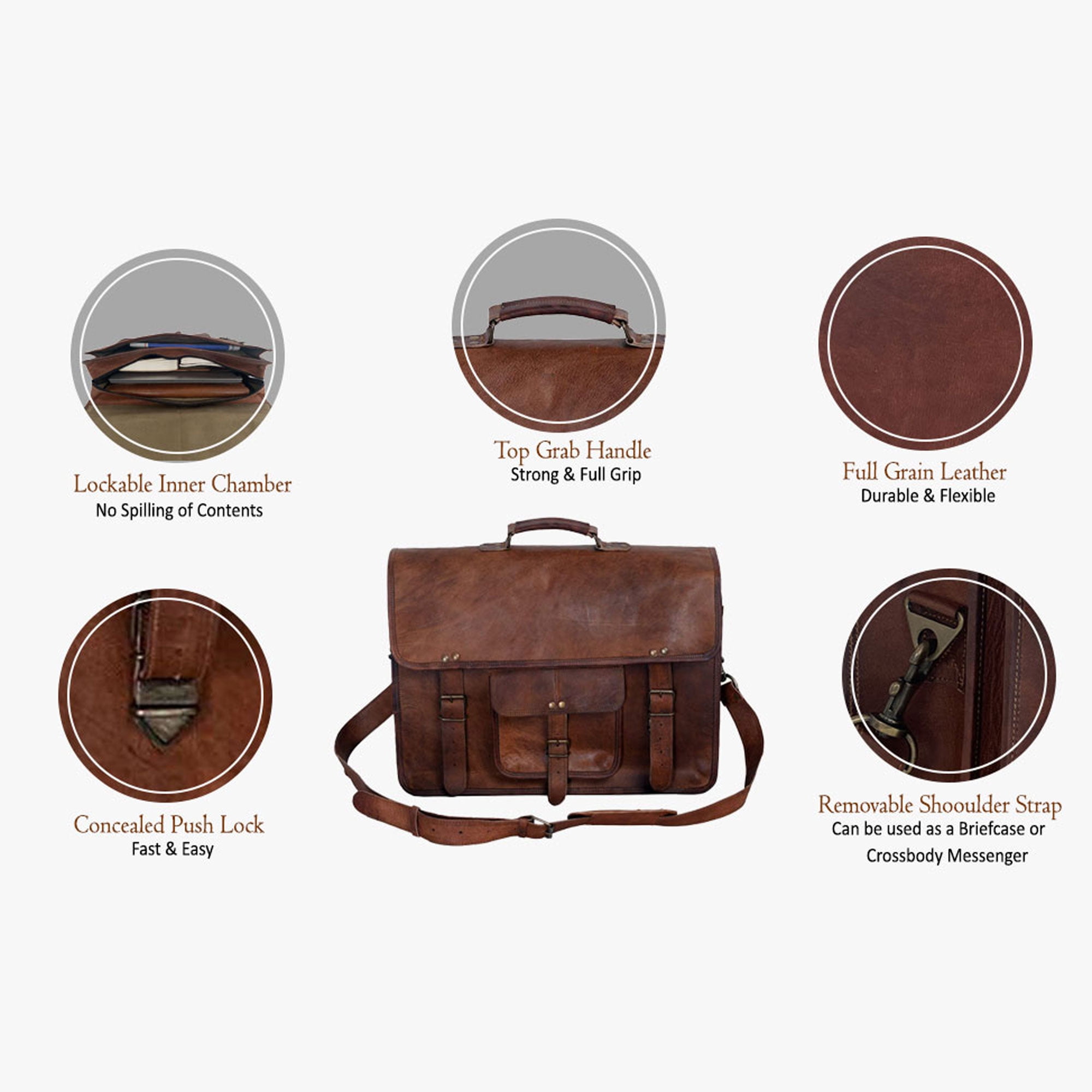 18-Inch Full Grain Leather Laptop Messenger Bag – Office Briefcase Satchel for Men and Women with Adjustable Strap and Lockable Compartments
