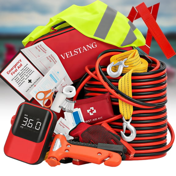 Auto Roadside Emergency Survival Kit with Tire Inflator, Booster Cables & Tow Rope – All‑Season Car Safety Gear, Perfect for New Drivers