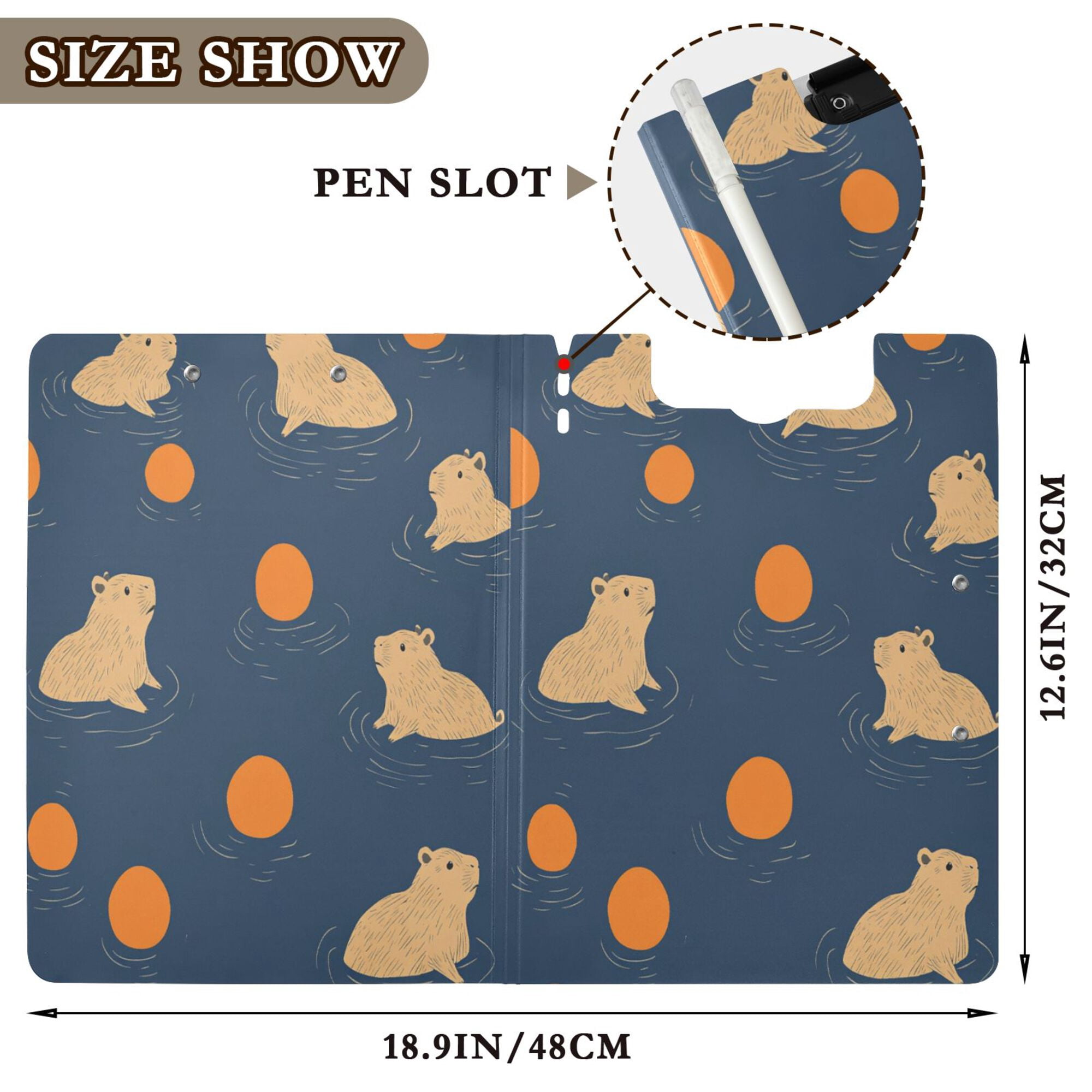 FORMRS A4 Clipboard Folder with Pen Holder Horizontal Foldable School Office Binder, Blue Capybaras