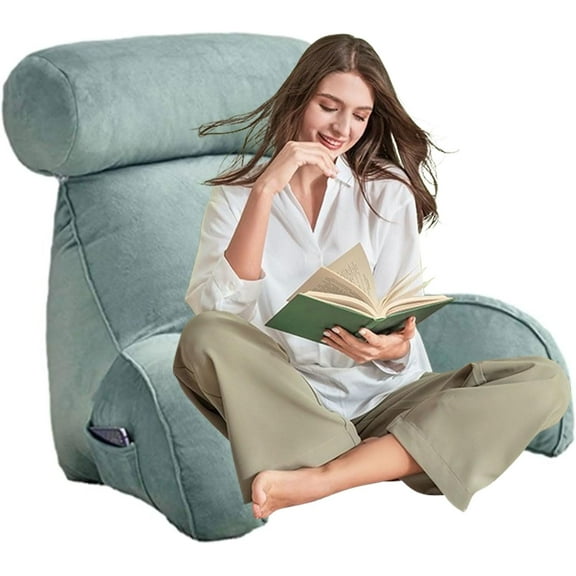 ShadeMart Light Blue Reading Pillow for Bed Backrest with Arms Shredded Memory Foam, Ultra-Comfy Microplush Cover & Detachable Neck Roll - Unmatched Support Bed Rest Sit Up Pillow