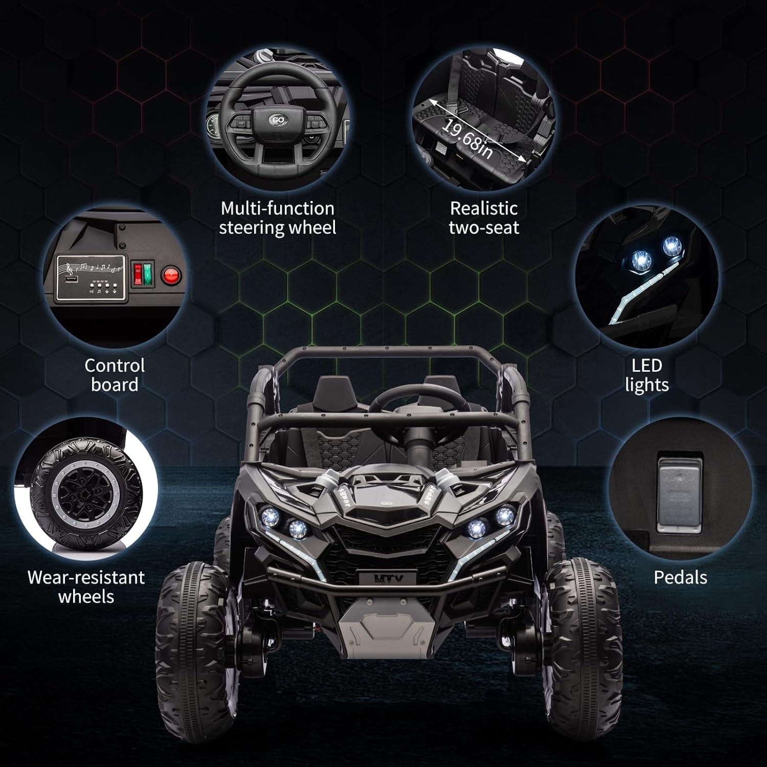 24V Ride on ATV or Kids, 2 Seater 4WD Powered ATV Car with Remote Control, LED Lights, 4 Shock Absorber, 3 Speeds, Horn, Music(Black)