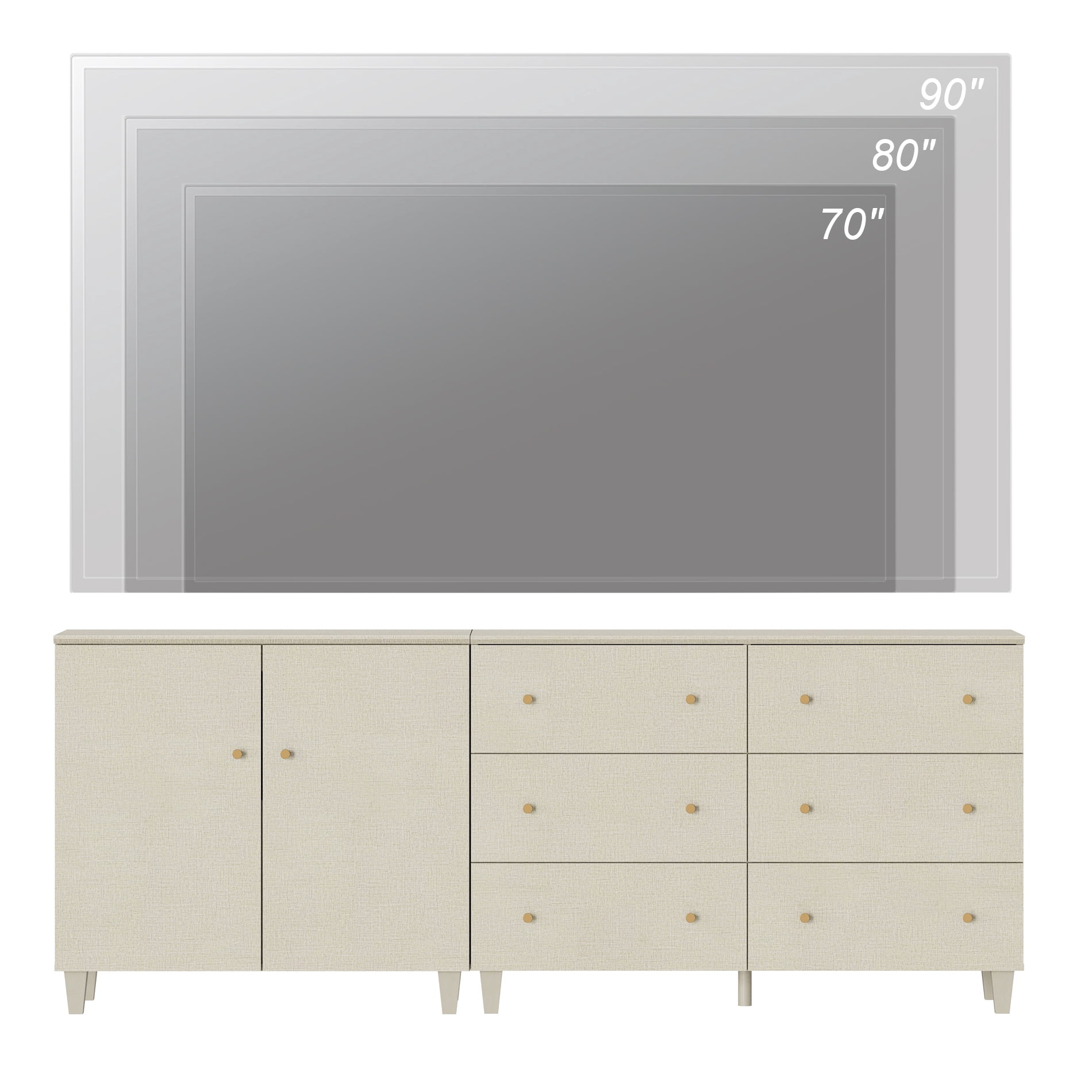 WAMPAT Wide TV Stand for 85+ Inches TVs, 2-in-1 Modern Wooden Media Console with 6 Spacious Drawers and 1 Storage Cabinet for Living Room, Beige