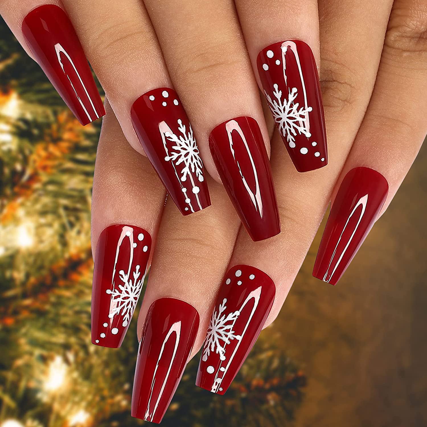 Coffin Press on Nails Christmas Pure Red Medium Fake Nails with Snowflakes Design on Nails for Women 24pcs Solid Burgundy Acrylic Artificial Cover False Nails (Red Snowflake) - Walmart.com
