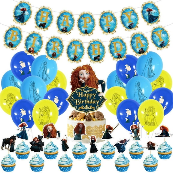 Merida Birthday Decorations Include Happy Birthday Banner, Cake Topper and Cupcake Toppers, Balloons for Merida Party Supplies