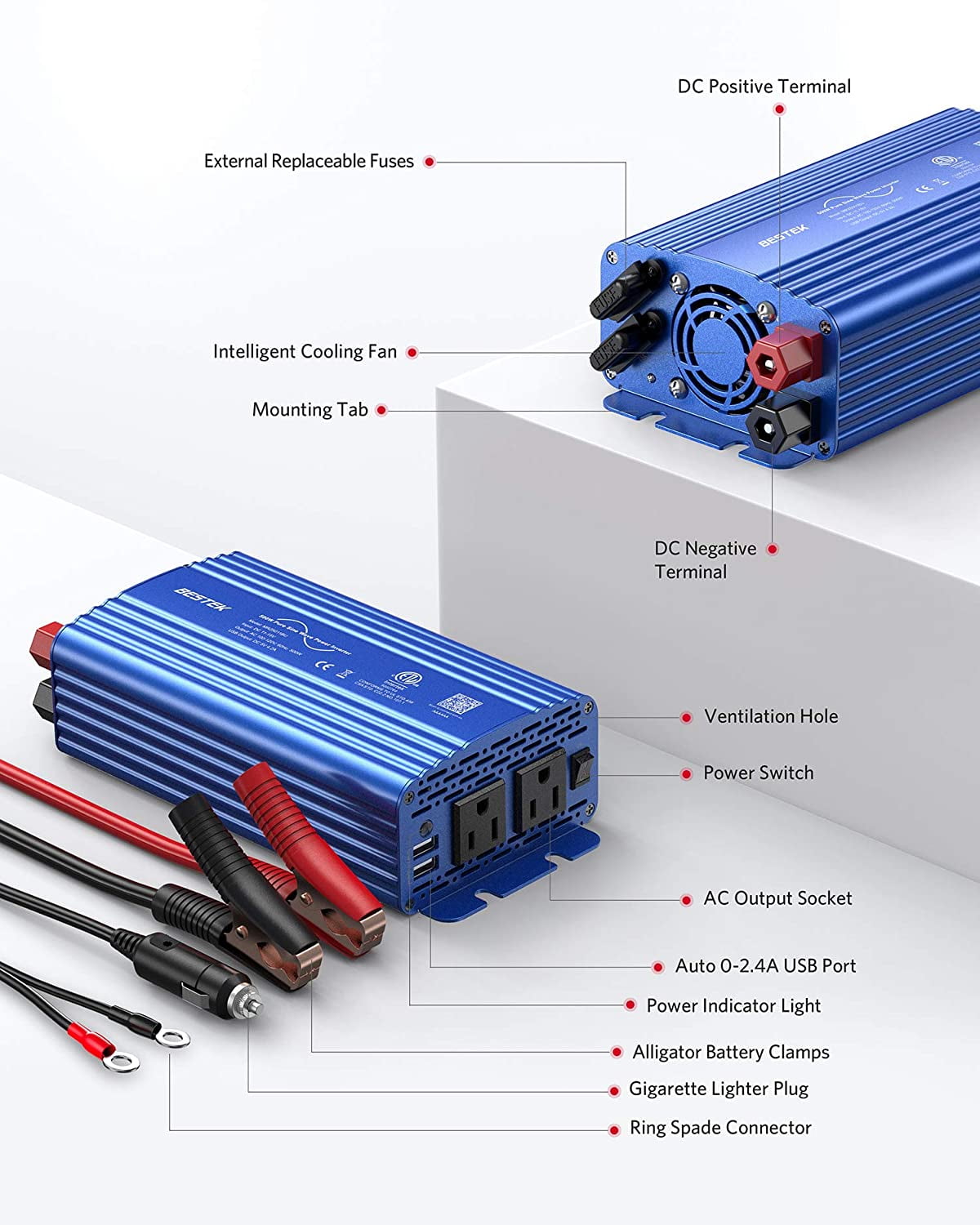 BESTEK 500W Pure Sine Wave Car Power Inverter, DC 12V to 110V AC Car Charger Adapter Converter with Cigarette Lighter Socket, 4.2A Dual USB Ports & 2 AC Outlets, ETL Listed, Blue
