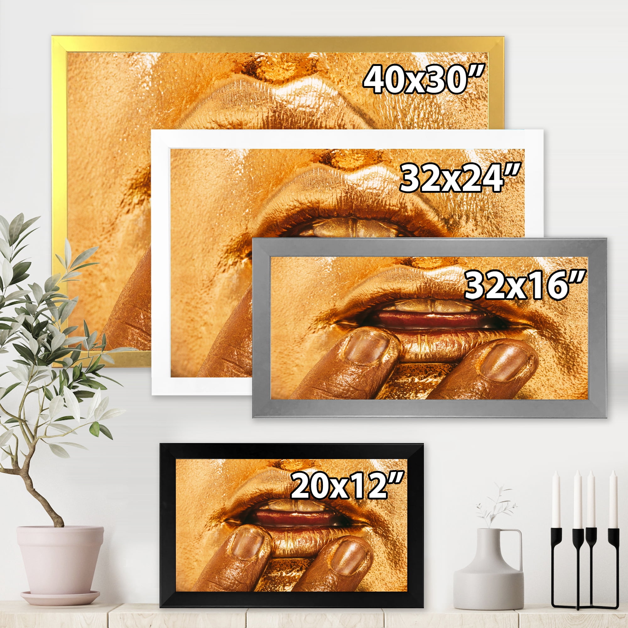 Designart 'Close Up Of Female Lips With Bright Golden Makeup i' Modern Framed Art Print