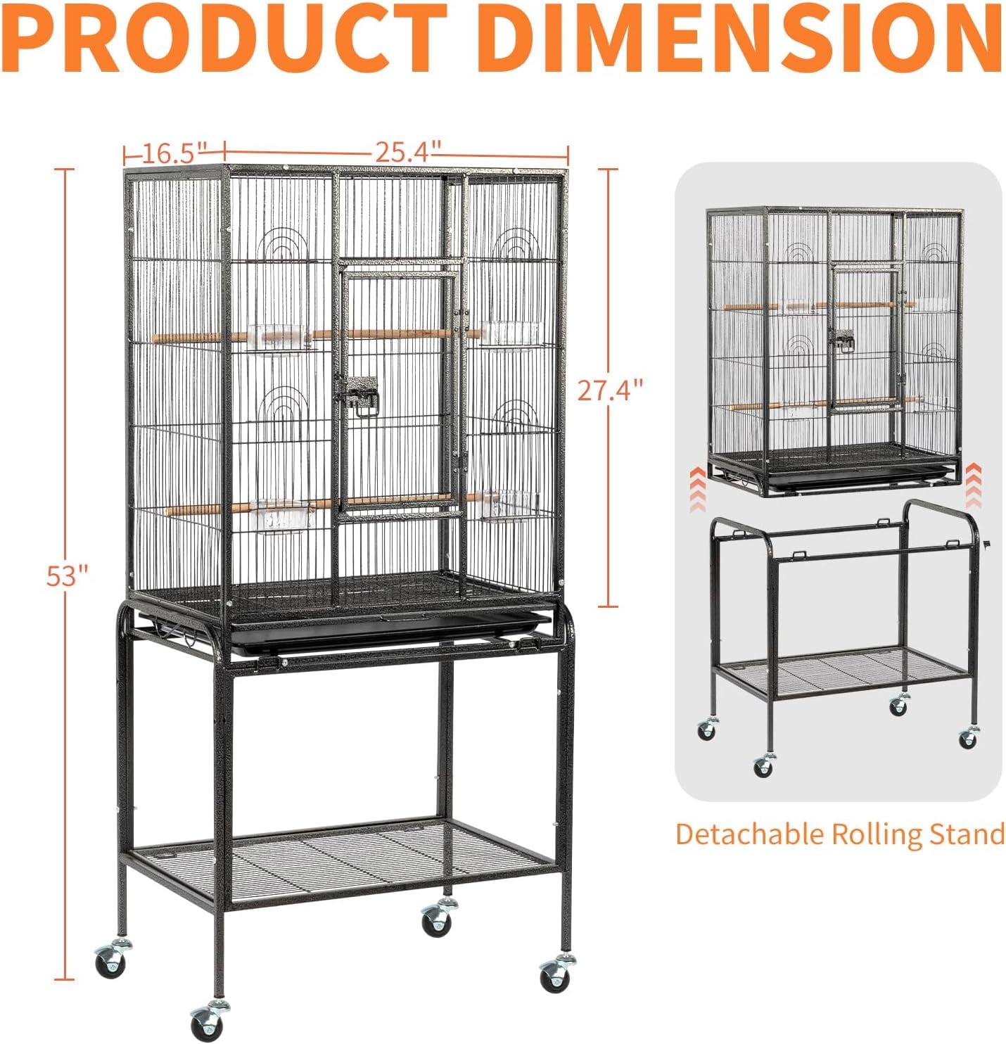 53-inch Bird Cage with Wheels, Durable Wrought Iron Parakeet Cage with Slide Out Tray, Black Bird Cages for Parakeets/Lovebird/Cockatiels/Budgies and Other Small/Medium Birds (Large-53 inch)