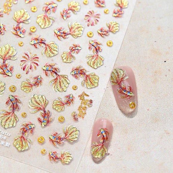 Pegatinas BMKKOT para decoración de uñas, diseño de peces dorados con purpurina en relieve en 5D