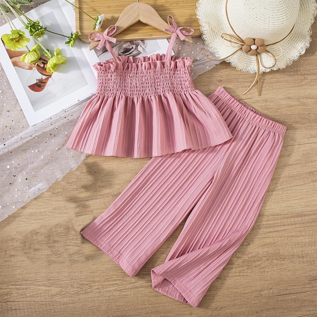 YUNAFFT 1-7Y Kids Tank Top & Elastic Waist Pants Set Pure Color Summer Casual Outfit