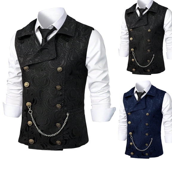 LEKWK Steampunk Vests for Men Double Breasted Gothic Waistcoat Lapel Collar Jacquard Gilet Victorian Medieval Cosplay Party Prom Wedding Slim Fit Tuxedo