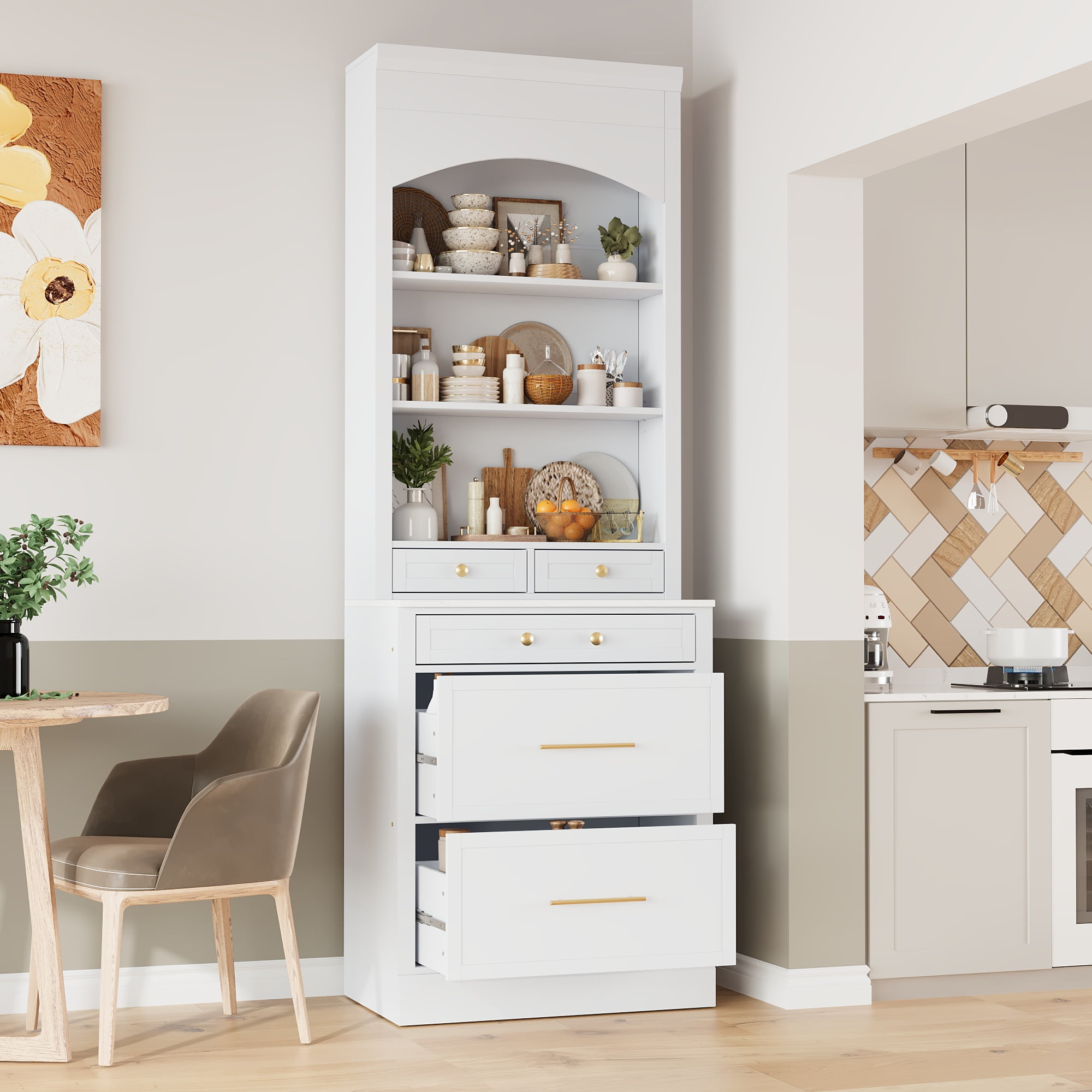 Harper & Bright Designs Freestanding Kitchen Pantry Storage Cabinet with Drawers and Shelves, Tall Kitchen Hutch with Faux Marble Top, Set of 2, White